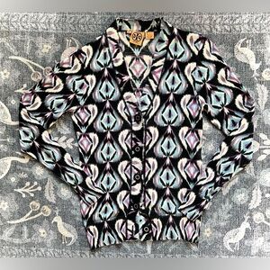 Tory Burch Abstract Ikat Black Purple Sky Blue Patterned Cardigan